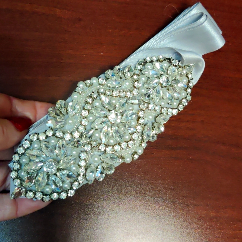 Rhinestone applique on gray satin sash belt